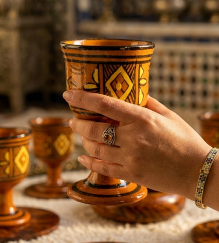 طقم كؤوس فخار تقليدية مع قواعد خشب العرعار الطبيعي – صناعة يدوية مغربية فاخرة (6 كؤوس)