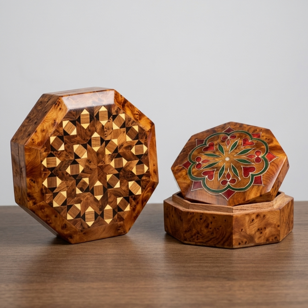 طقم علب مجوهرات من خشب العرعار الطبيعي – صناعة يدوية مغربية فاخرة (علبة كبيرة + علبة صغيرة)