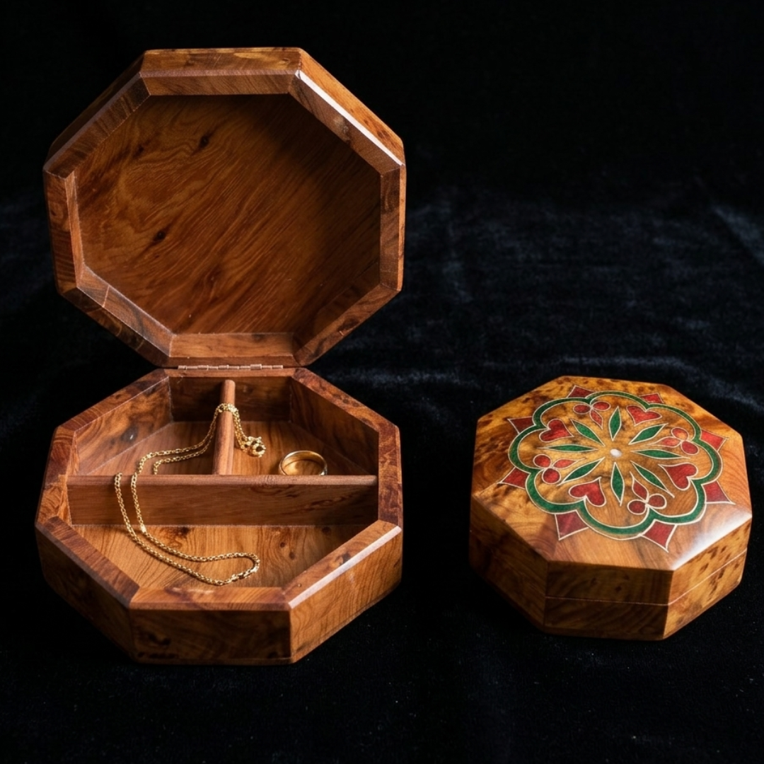 طقم علب مجوهرات من خشب العرعار الطبيعي – صناعة يدوية مغربية فاخرة (علبة كبيرة + علبة صغيرة)