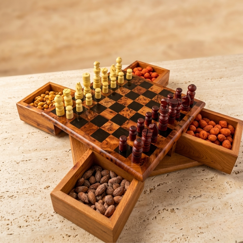 Échiquier de luxe en bois de genévrier avec boîtes de rangement