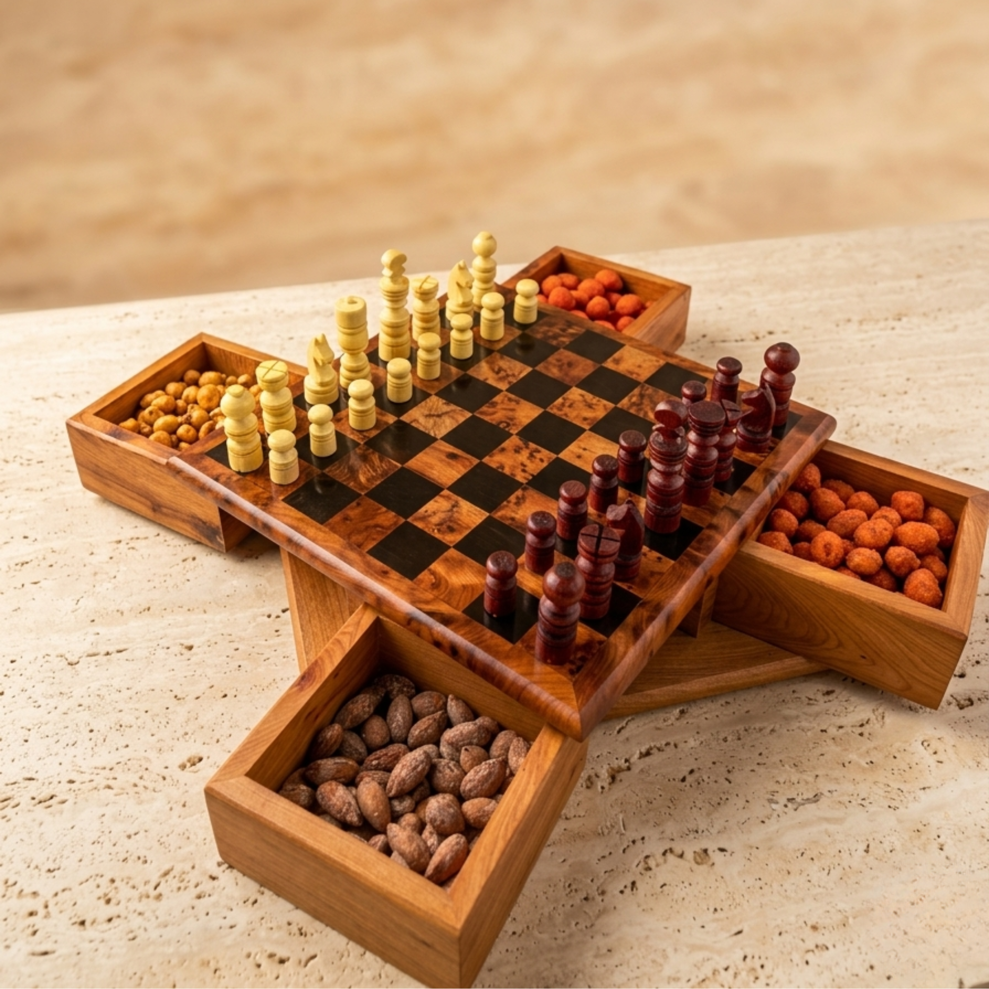 Échiquier de luxe en bois de genévrier avec boîtes de rangement