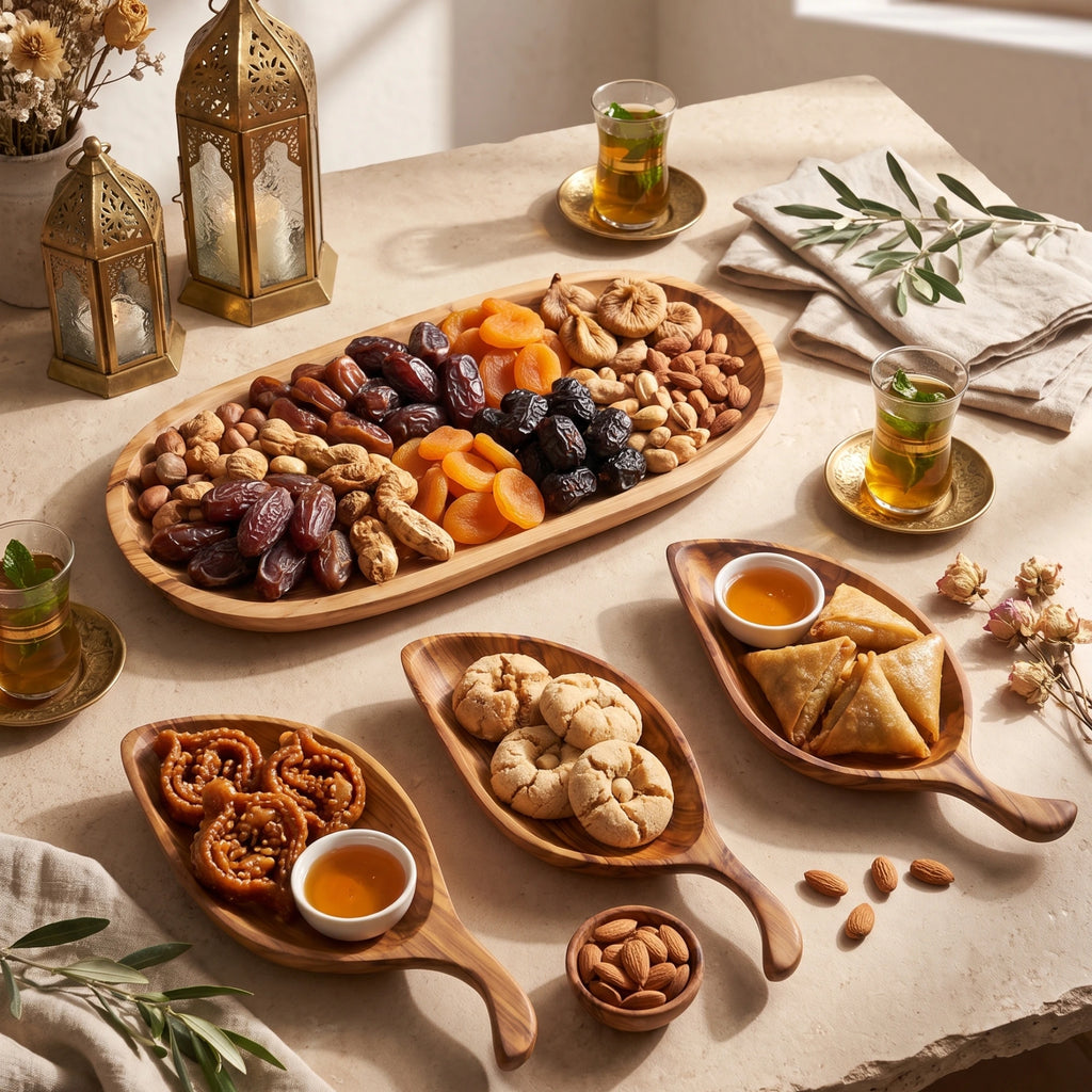 مجموعة تقديم فاخرة من خشب الزيتون – صحن كبير مع 3 أطباق تقديم