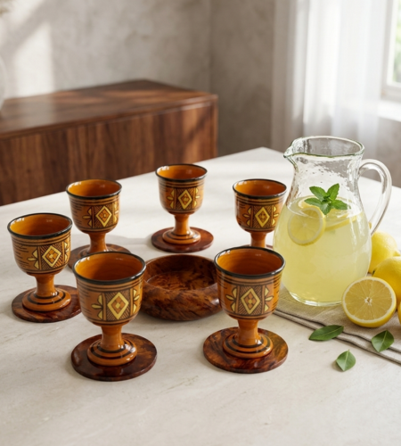 طقم كؤوس فخار تقليدية مع قواعد خشب العرعار الطبيعي – صناعة يدوية مغربية فاخرة (6 كؤوس)