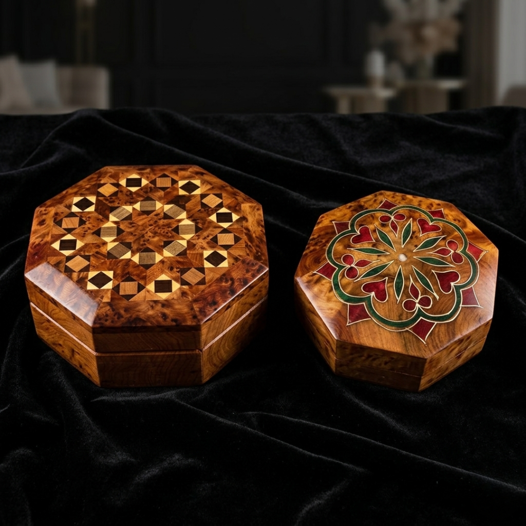 طقم علب مجوهرات من خشب العرعار الطبيعي – صناعة يدوية مغربية فاخرة (علبة كبيرة + علبة صغيرة)