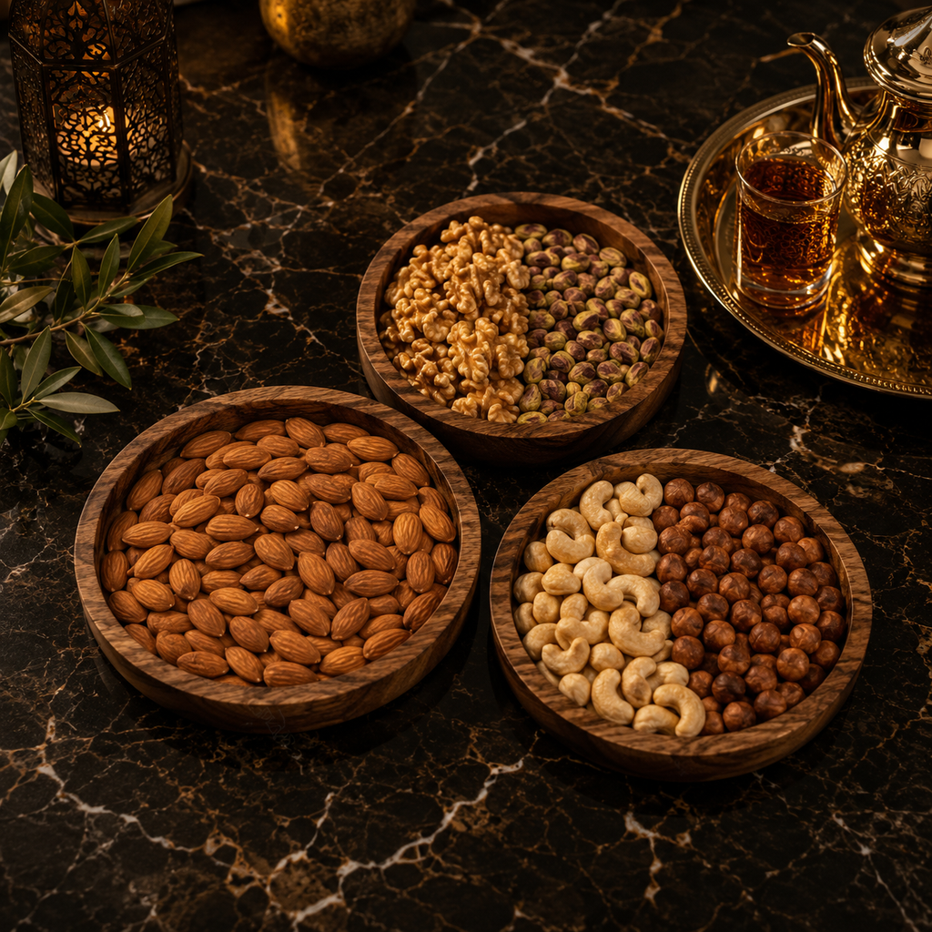 طقم صحون تقديم فاخر من خشب الكرڭاع الطبيعي | 3 قطع يدوية الصنع للضيافة المغربية