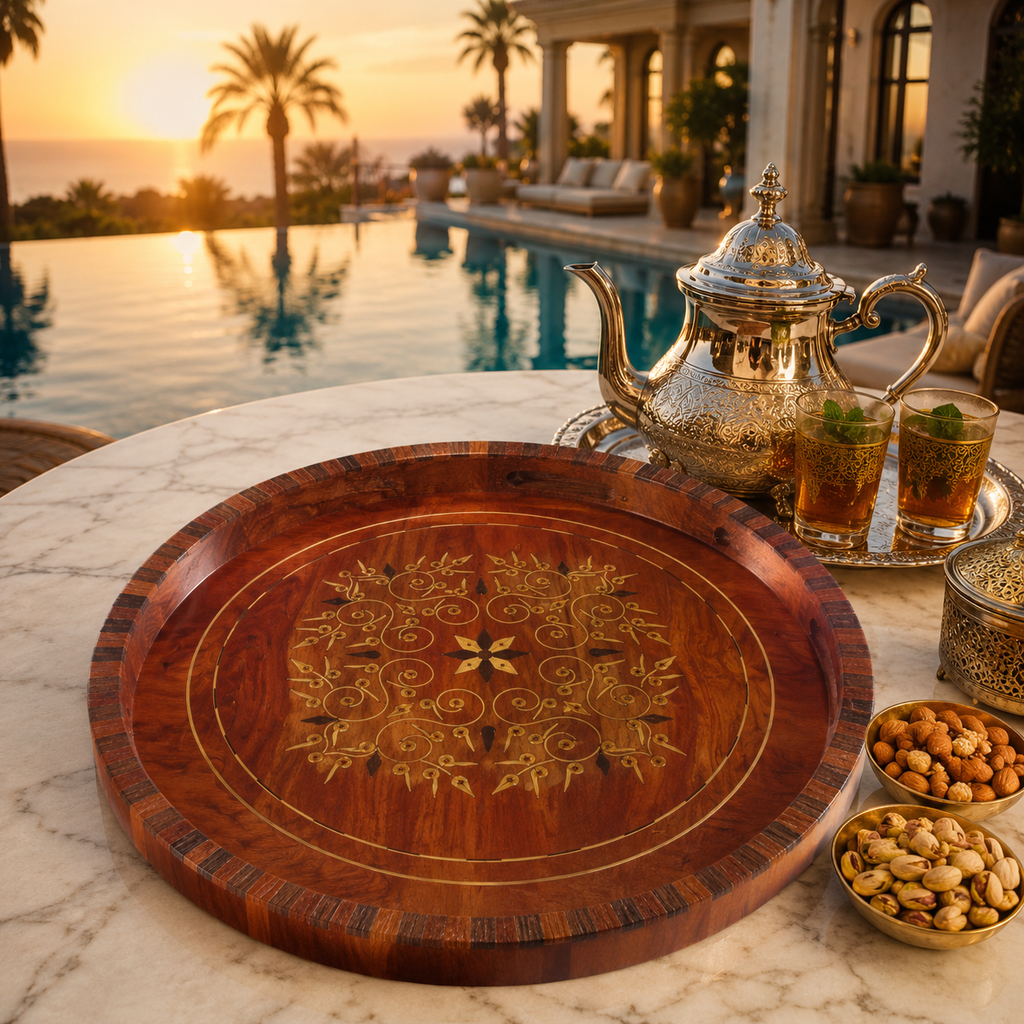 صينية تقديم دائرية فاخرة من خشب العرعار الطبيعي – صناعة يدوية مغربية