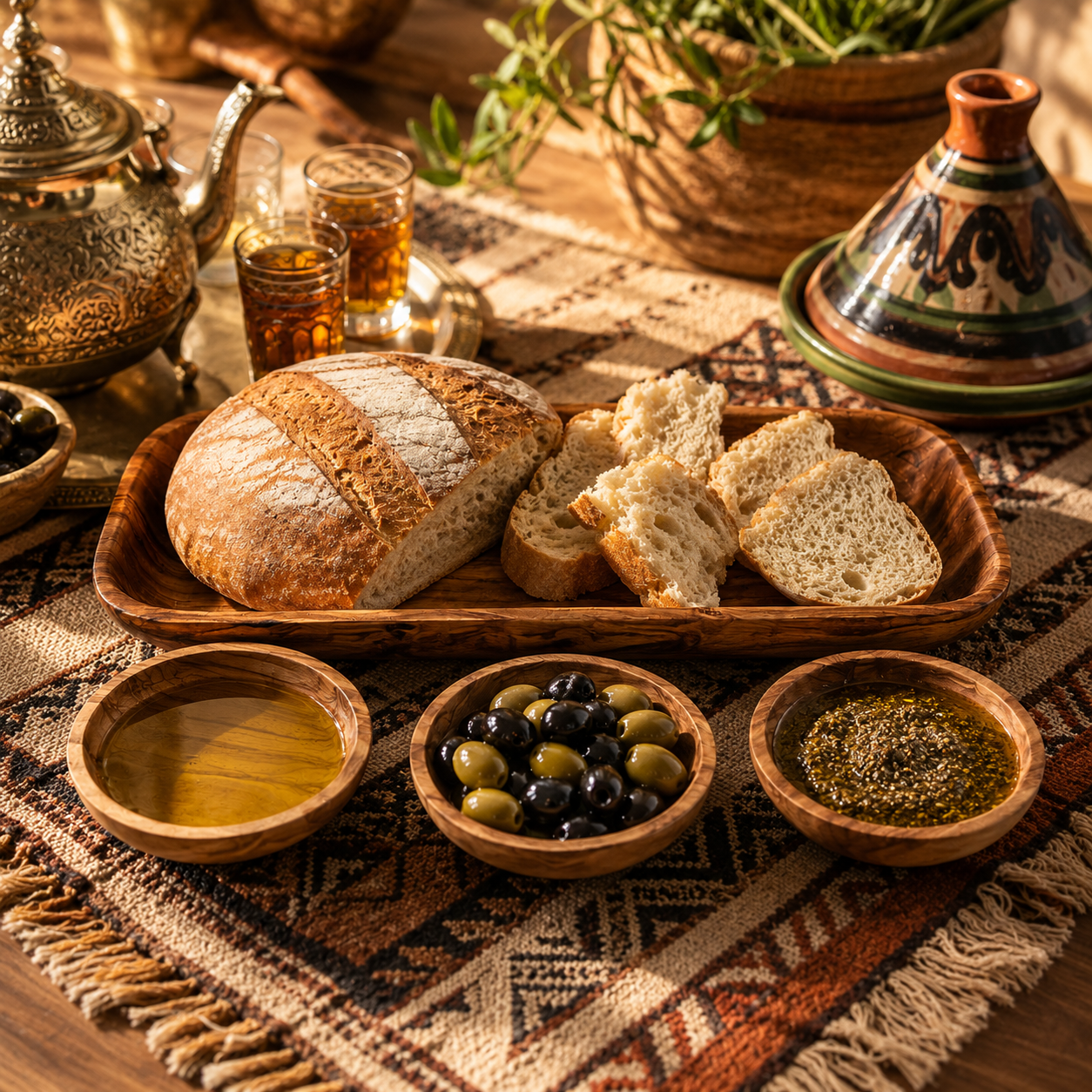 طقم ضيافة فاخر من خشب الزيتون الطبيعي – صحن تقديم مع 3 أوعية يدوية الصنع