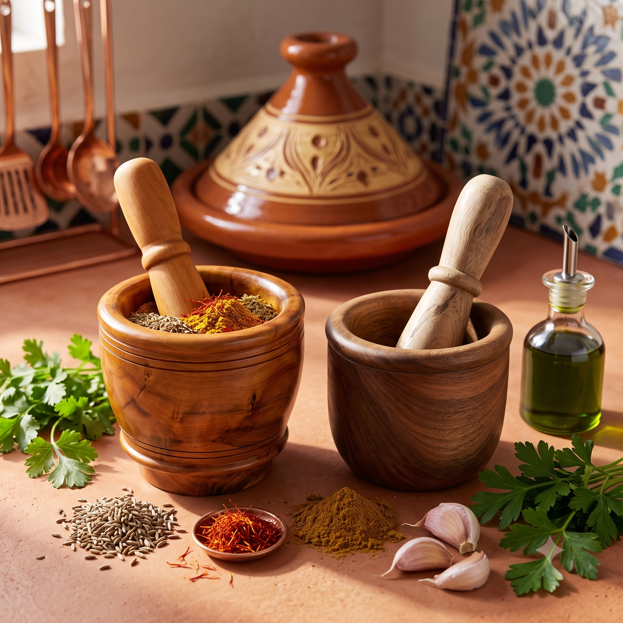 هاون ومدقة خشبية يدوية – طقم من خشب العرعار الطبيعي وخشب الكرڭاع الفاخر